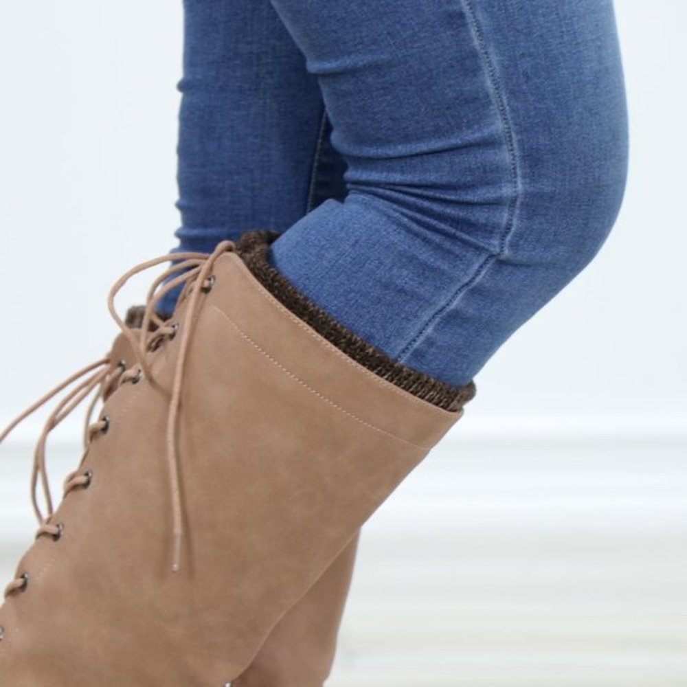 Taupe Warm Winter Mid Calf Lace Back Boots - Picture 5 of 15